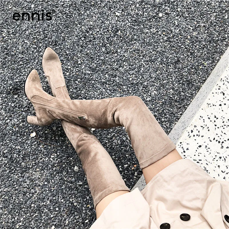 ENNIS/ г. Облегающие Женские высокие сапоги до бедра осенне-зимние эластичные сапоги выше колена на высоком каблуке, цвета хаки, черный Обувь На Шнуровке Новинка, L830