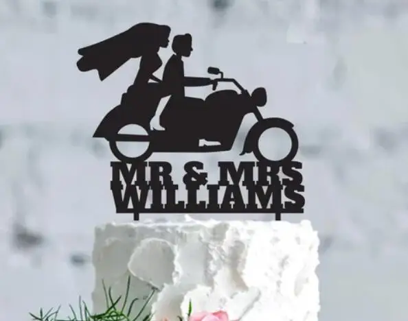 Персонализировать мотоцикл Mr Mrs свадебный торт Топпер пары обручальные кольца