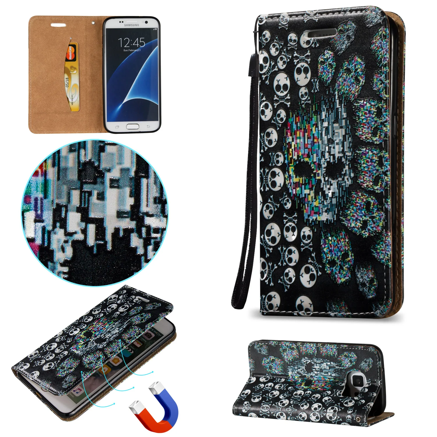 Для Samsung S6 S6edge S7 S7edge Роскошные 3D Рельефа Живопись Кожаный Чехол ж/Магнитным замком
