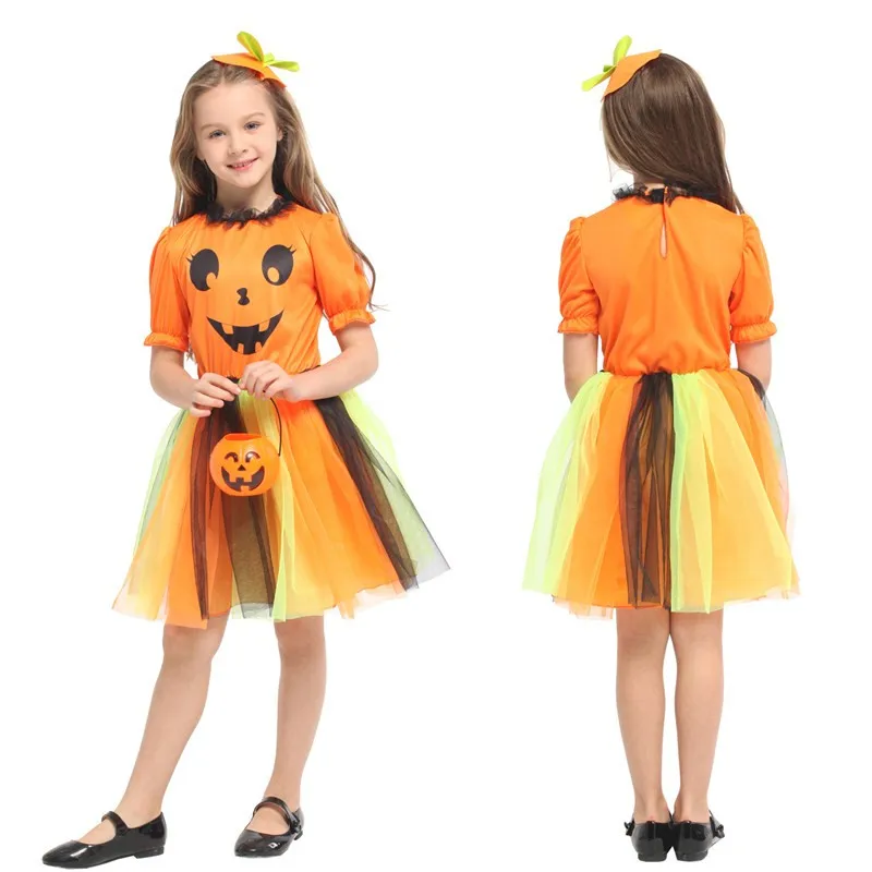 

M-XL Orange Girls Pumpkin skirt Halloween Witch Costumes Kids Children Sorceress Cosplays Carnival Purim Masquerade party dress