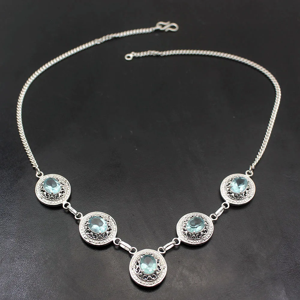 Элегантный уникальный натуральный синий Topaz925 серебро талисманы кулон цепочки и