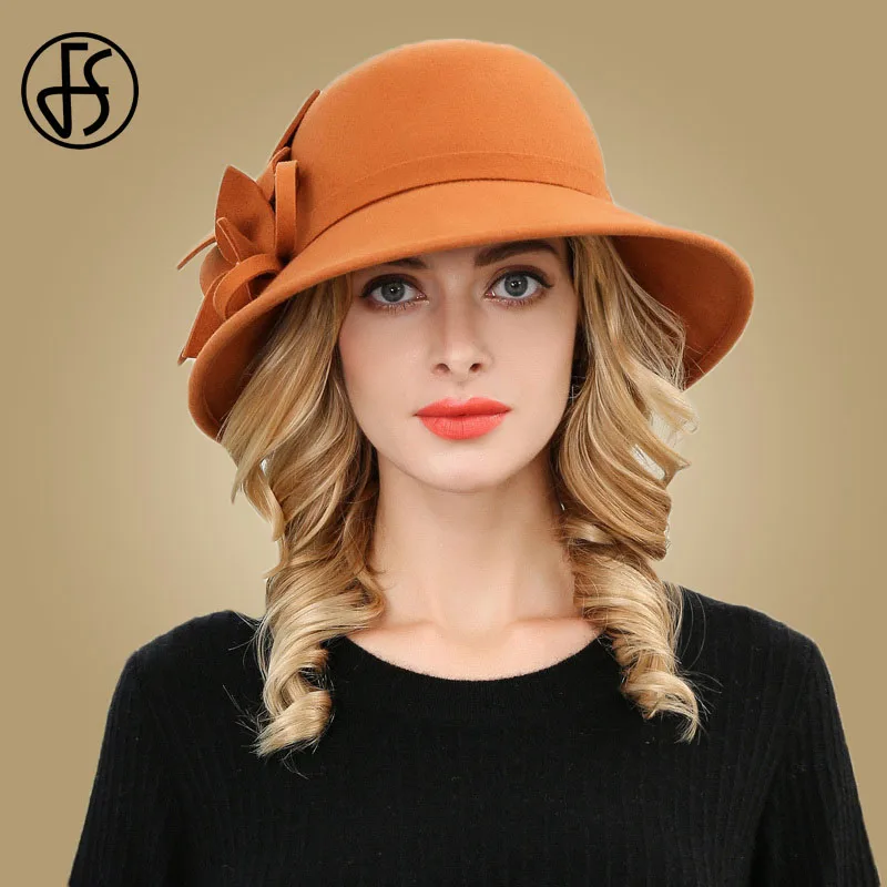 Rust Red Wool Hat FS черная шерстяная шляпа женская зимняя фетровая шляпа в винтажном стиле с широкими Большими Полями Фетровая шляпа-Клош широкополая круглая шляпа с цветком для дам - Цвет: Rust Red Wool Hat