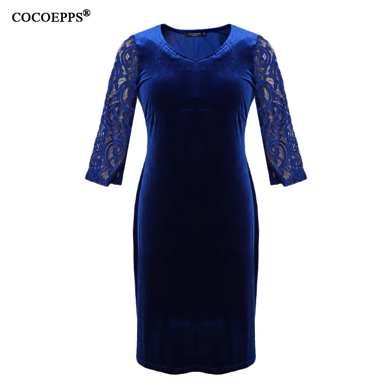 Женское бархатное платье с отделкой кружевом большого размера | Платья