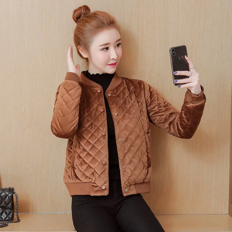 Long sleeve brown Бархатные клетчатые Базовые Куртки для мамы, хлопковые зимние короткие пальто, тонкие парки, новинка года, женская верхняя одежда больших размеров, женские теплые пальто - Цвет: Long sleeve brown