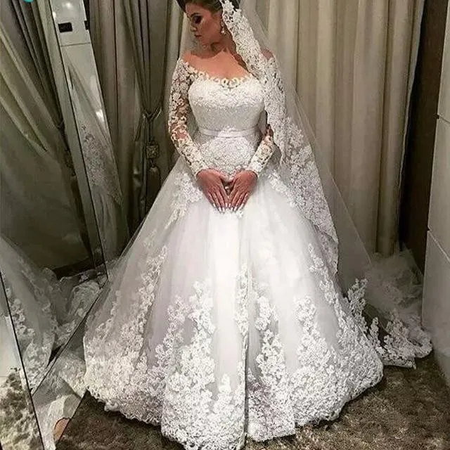 

Винтажные Простые Свадебные платья с длинным рукавом, бальное платье 2021, кружевное свадебное платье с круглым вырезом и аппликацией, свадеб...