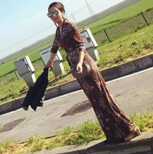 Винтажное элегантное женское платье 2018 в богемном стиле с длинным v образным