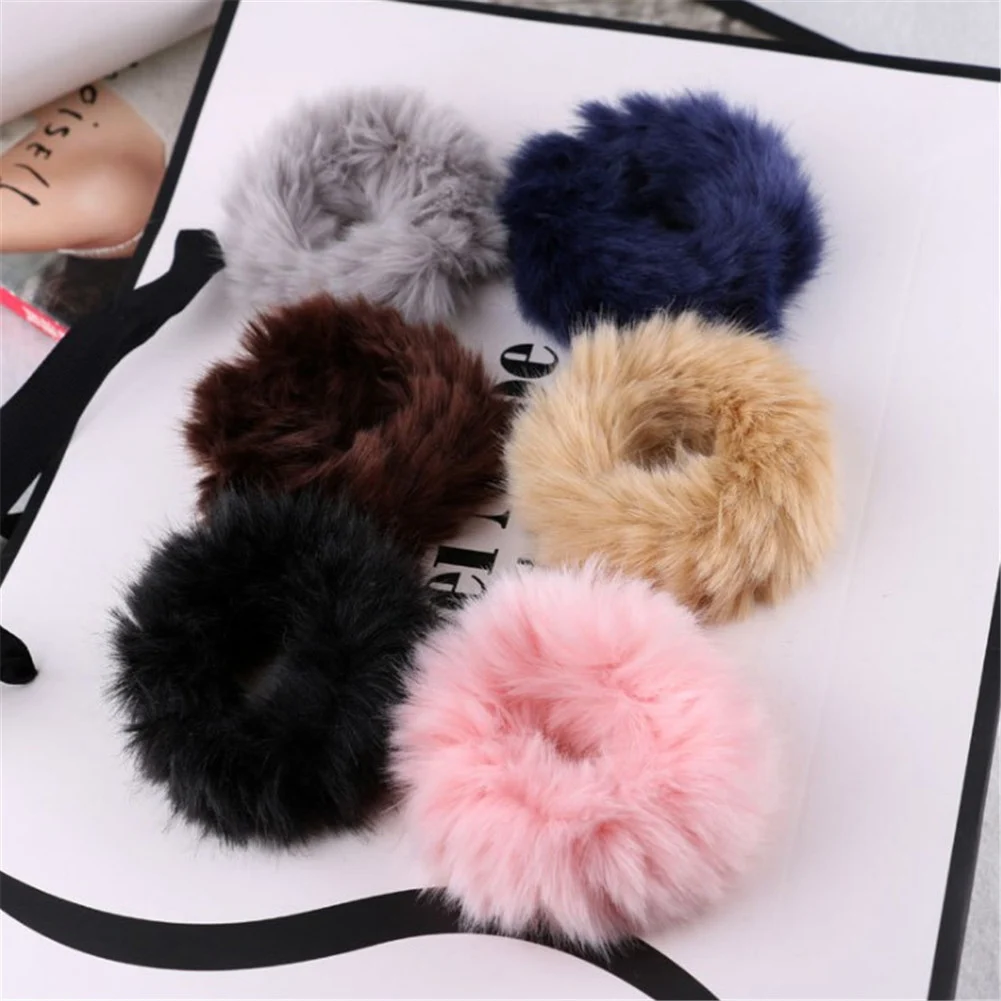 Soft Fluffy Faux Furs  scrunchies 2020 New Chic Scrunchie Elastic Hair Ring Rope Accessories Elastic Bean Pink Hair Bands