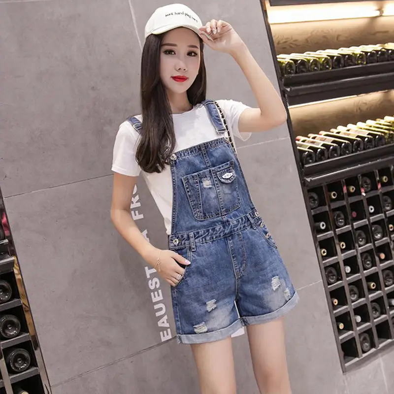 Женские джинсовые комбинезоны из джинсовой ткани летние с потертостями шорты на