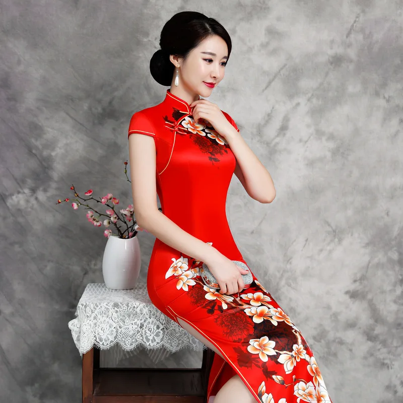 Женское китайское традиционное платье Ципао с принтом Cheongsam размера плюс, длинные платья Qi Pao, новинка, зеленое элегантное ретро платье - Цвет: red