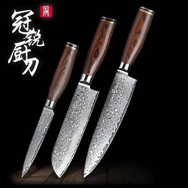3 pcs knife set GRANDSHARP Дамасские кухонные ножи vg10 Японский стальной поварский нож сантоку склеивание инструменты для разделки туш высококачественные профессиональные ножи - Цвет: 3 pcs knife set