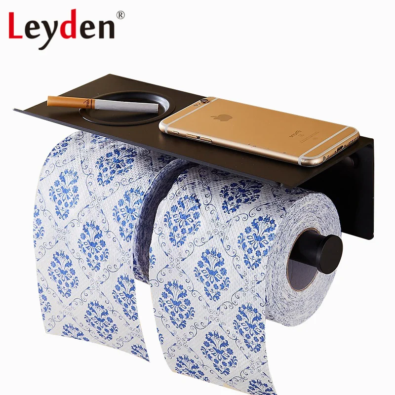 Двойной держатель для туалетной бумаги Leyden черный настенный с полкой мобильного