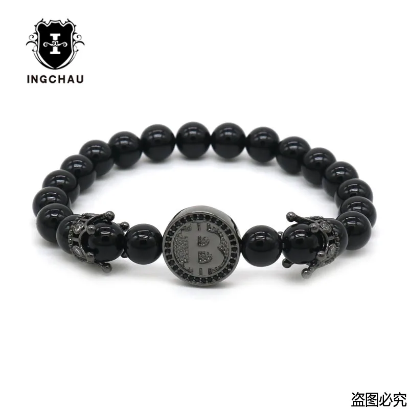 2018 модный браслет с короной и биткоином мужской из черного оникса камнем для