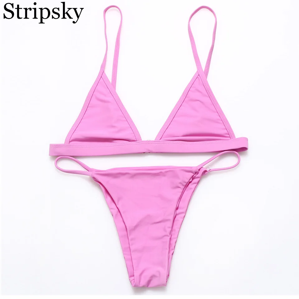 Buy stripsky 2018 sexy bikini set brazilian swimwear large size thong biquini bottom pink solid color bikinis women Maillot De Bain on
