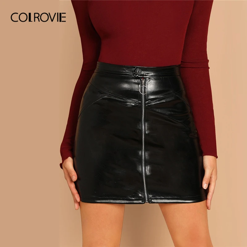 COLROVIE черная Корейская сексуальная юбка из искусственной кожи с круглым вырезом на молнии Весенняя модная офисная Женская юбка-карандаш для женщин Клубная мини-юбка