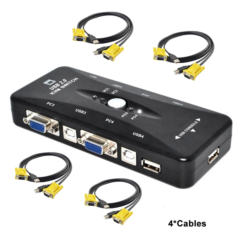 KVM-4ports-4cable Ingelon 4 порта USB 2,0 KVM переключатель 1920*1440 VGA переключатель коробка адаптер и VGA USB кабели для ПК клавиатура мышь монитор - Цвет: KVM-4ports-4cable
