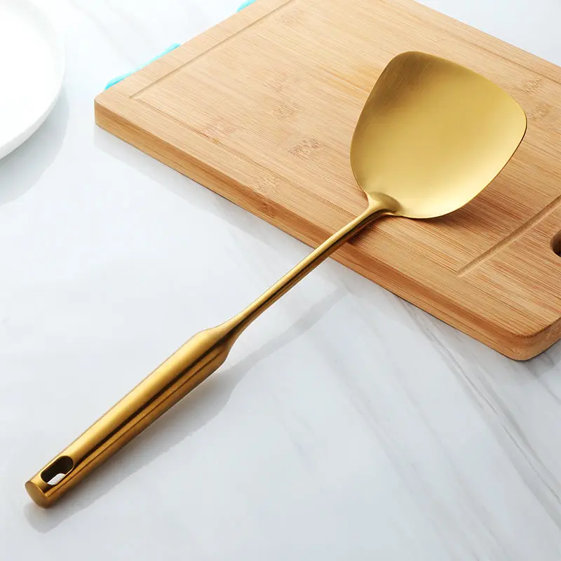 Gold-Turner Толстая нержавеющая сталь Тернер суп ковш золотой ковш ложка набор инструментов для приготовления пищи с длинной ручкой кухонная утварь щелевые полые настенные вешалки - Цвет: Gold-Turner