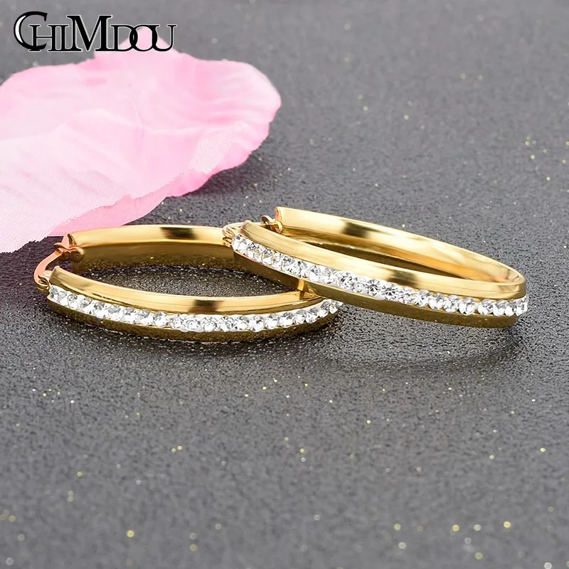 CHIMDOU Bride Earrings Popular Rhinestone Crystal Hoop Earring For Wedding Dress Fashion Women Stainless Steel Ear's AE810 | Украшения