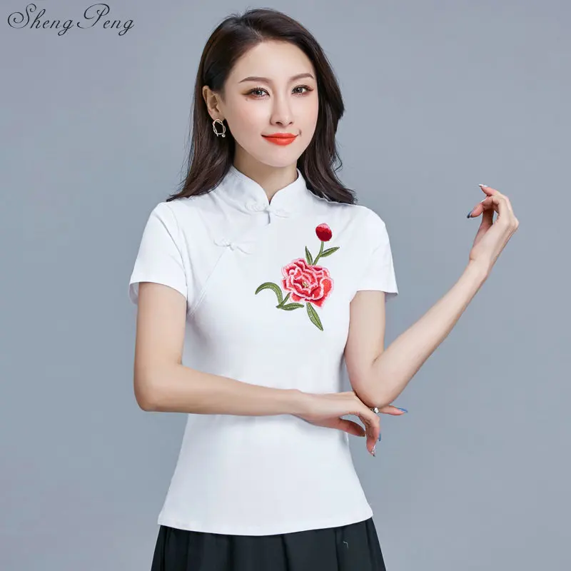 

Elegant retro Chinese Women Cheongsam Tops Embroidered Printed Qipao Tops Traditional Classic Short Sleeves Qipao Blouse V1449