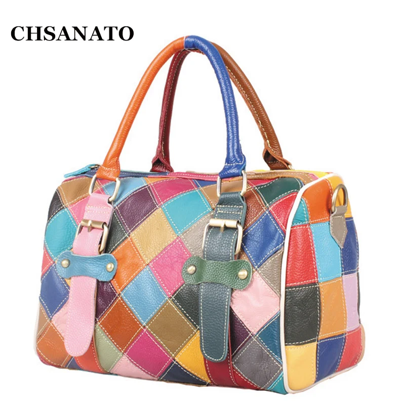 

CHSANATO Patchwork Genuine Leather Women's Handbags Cowhide Shoulder Bags Colorful Color Women Cross Body Messenger Bags
