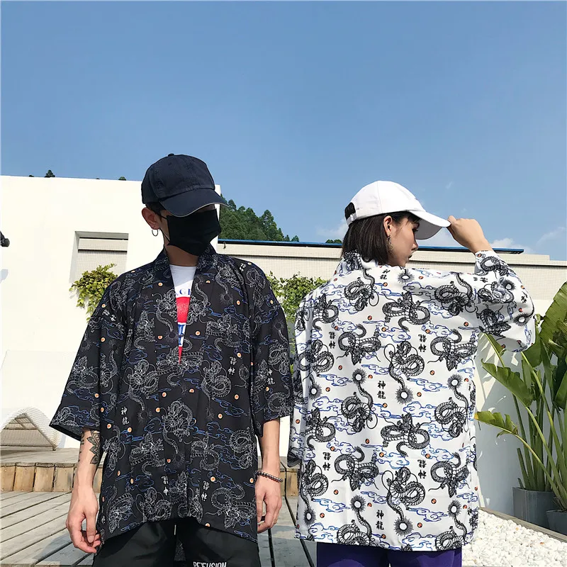 Harajuku дизайн японское кимоно кардиган 2019 Лето Дракон печати свободные три