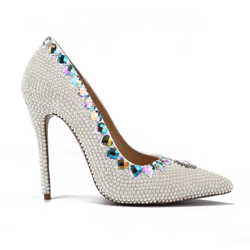 New Women Dress Shoes Heart Shaped Crystal Decoration Bead Pumps Slip On For Pointed Toe Nightclub Wedding High Heel | Обувь