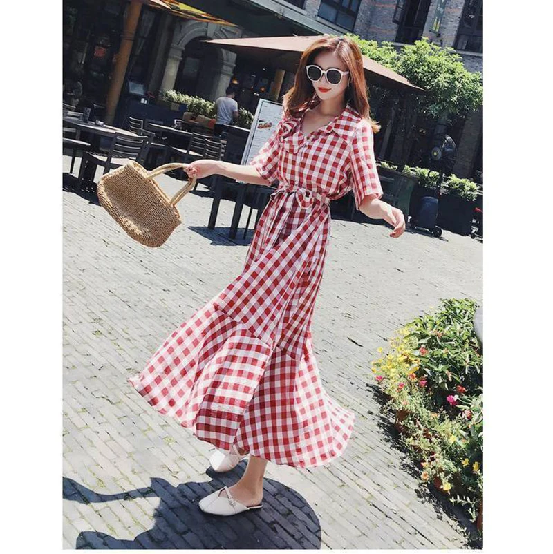 Винтажное красное клетчатое длинное платье iвыбор 2019 женское летнее сказочное
