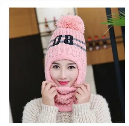 pink Зимняя женская вязаная шапка, шарф, набор, модная шерстяная утолщенная шапка, воротники, женская теплая шапка, шарф, набор, повседневные зимние шапки - Цвет: pink