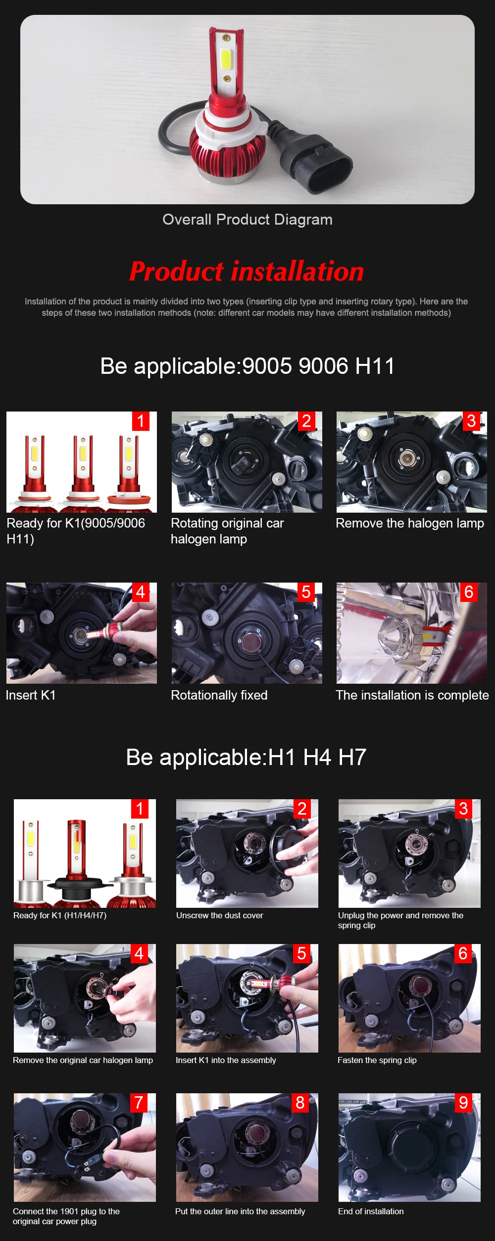 Jeuzn 2 шт. 6000 K H7 светодиодный автомобильный фонарь H1 фара H4 Hi/Low Beam H11 9005 HB3 9006 HB4 36 Вт 8000лм турбо авто лампы Противотуманные фары