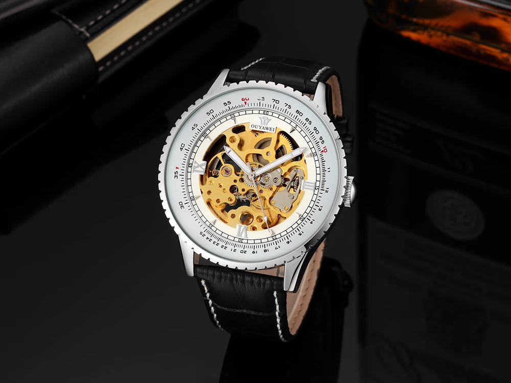 Роскошные автоматические механические черные мужские наручные часы скелетоны