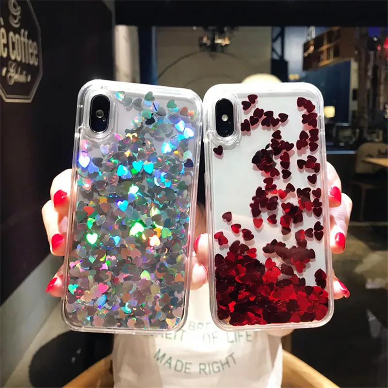 Модный Жидкий блеск зыбучие пески Любовь Сердце фольга для iPhone 6 6S 7 8 Plus X XS MAX XR
