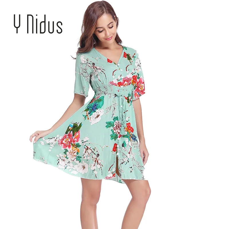 green mini dress Y Nidus женские платья, летнее платье,, макси, на пуговицах, с разрезом, цветочный принт, струящийся, v-образный вырез, пляжные, вечерние платья, vestidos - Цвет: green mini dress