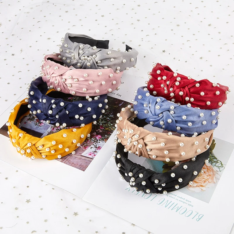 

Fioday Bling Cloth Pearl Headband for Women Girls Wide Elastic Plastic Knotted Bezel Hair Bands for Womens Hoops Drop Shipping