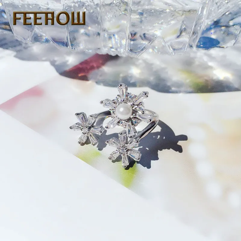 FEEHOW Новый дизайн личности циркония Регулируемый Снежинка кольца для Для женщин