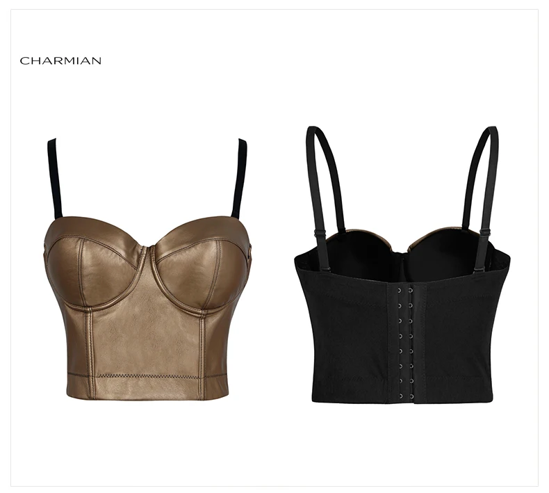 Charmian Women's Sexy Spaghetti Straps Bustier Racer Bustiers Top Leather Corsets and Bustier Gothic PU Crop Bra Top