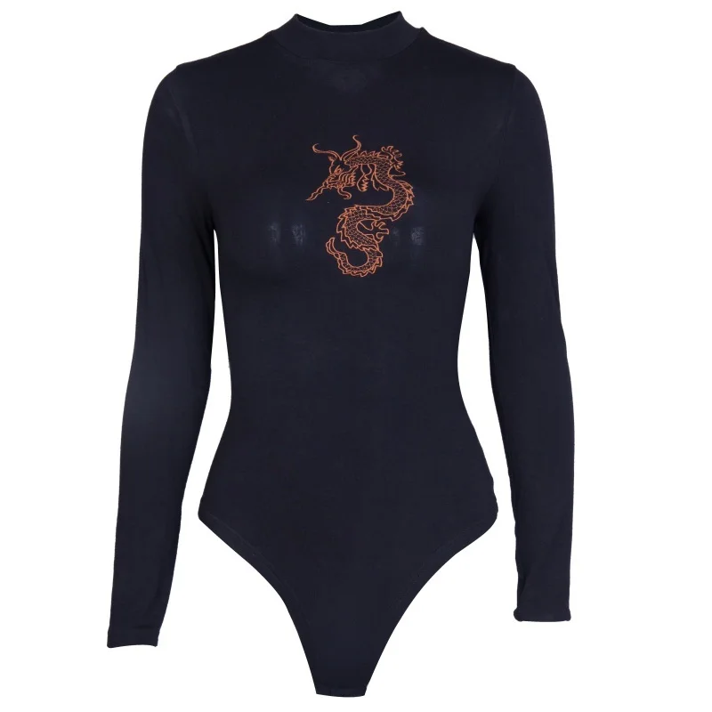 black bodysuits Сексуальная водолазка с принтом дракона, открытая спина, боди для женщин, осень, длинный рукав, сзади крест, футболки, элегантные комбинезоны, топ, сексуальный - Цвет: black bodysuits