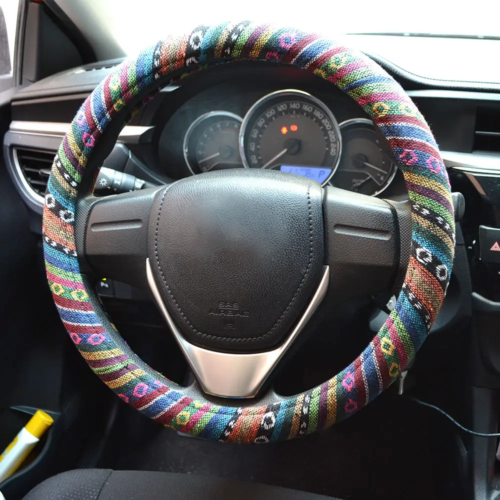 

GLCC 38cm/15'' Car Steering-Wheel Cover Braid Anti Slip Breathable Flax Universal Steering-Wheel Cover Auto Interior Accessories