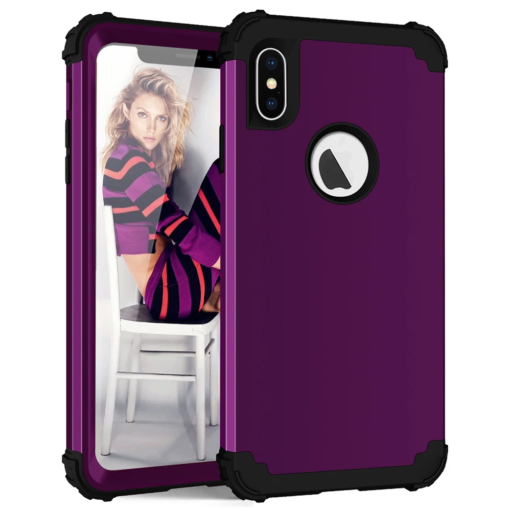 Purple and Black Противоударные чехлы для телефонов для iPhone X XS Max XR, гибридный мягкий силикон и Жесткий Поликарбонат, полный корпус, Защитный Прочный чехол для iPhone 8 Plus - Цвет: Purple and Black