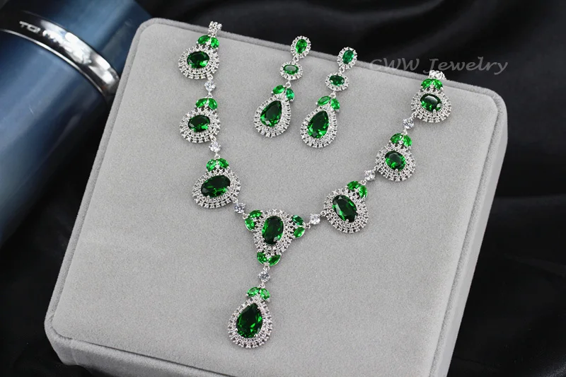 CWWZircons Brand Round Big Crystal Drop Green CZ Necklace Earring Sets For Women Luxury Wedding Jewellery Brides T256|earrings set for women|necklace