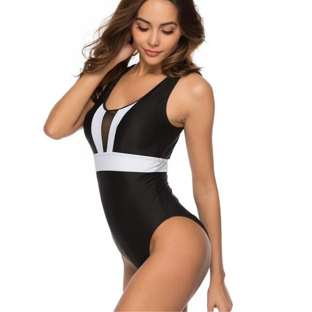 Sexy Mesh Splicing One Piece Bikini Solid Swimwear Bodysuit Women Open Back Slim Swimsuit Beachwear For Swimming | Спорт и