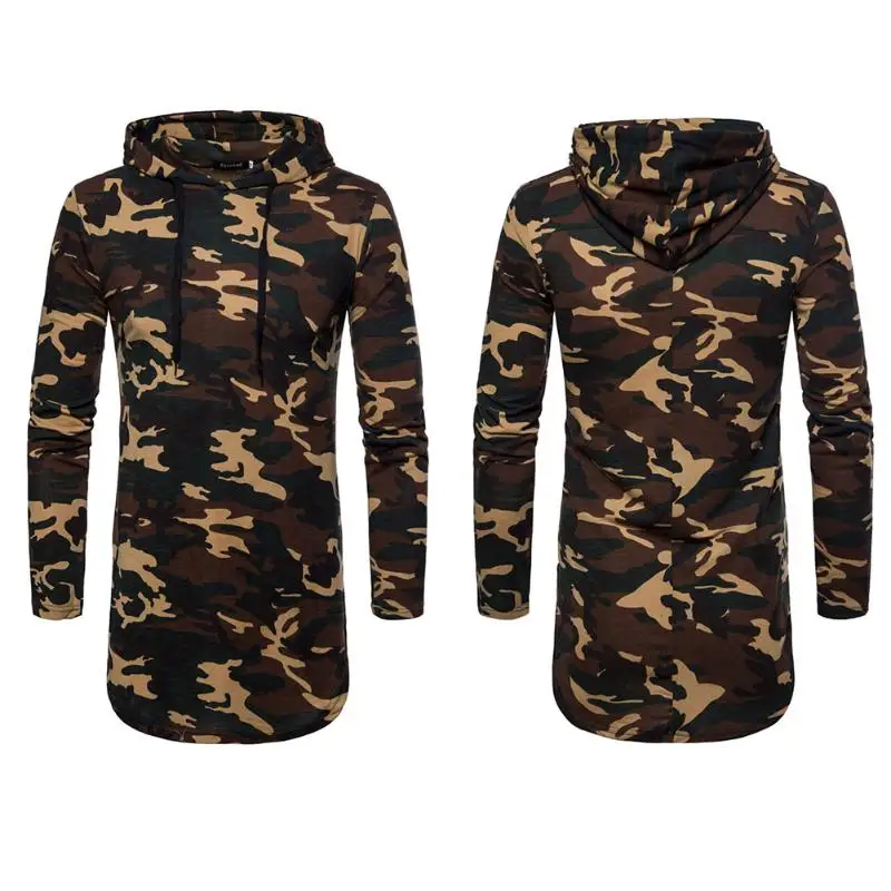 Модные Для мужчин Удлиненные худи High Street Camo с капюшоном Мышцы топы длинным