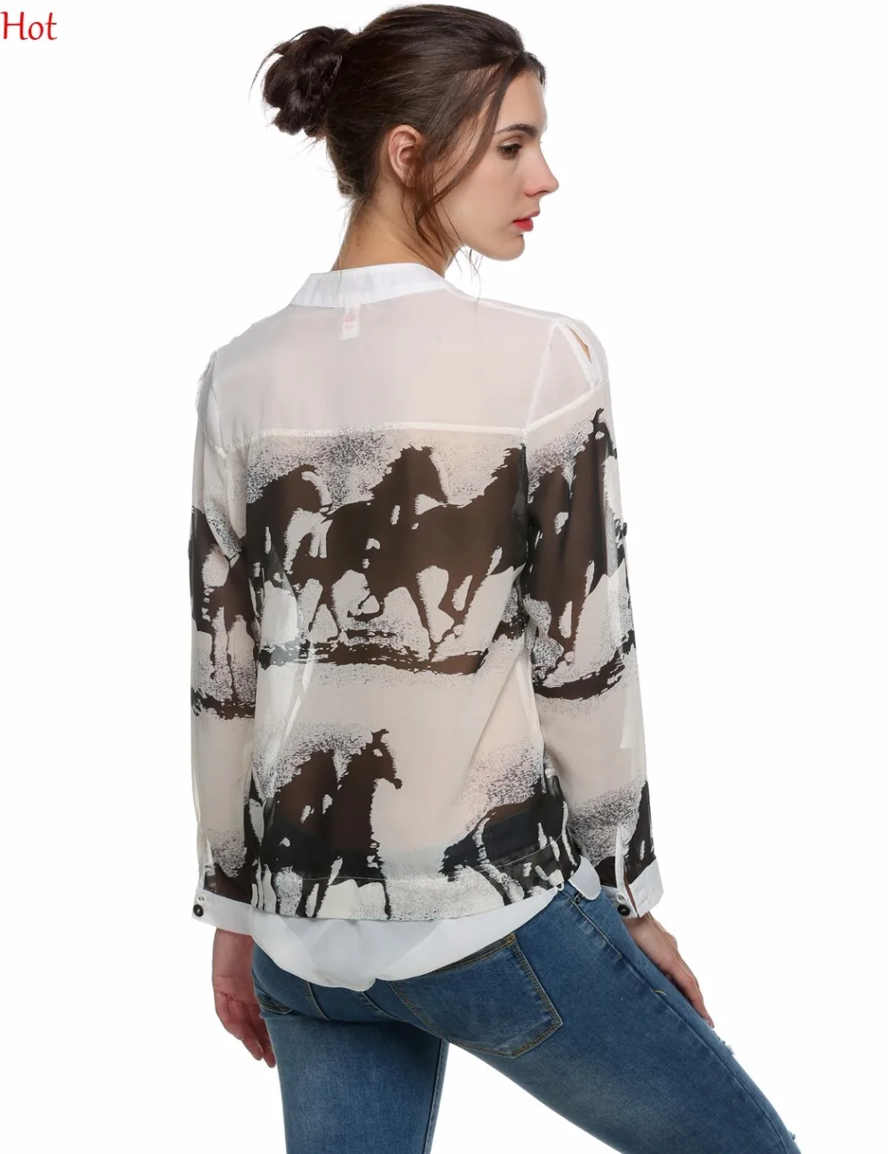 Элегантная модная женская блузка с изображением лошадей принтом чернил длинный