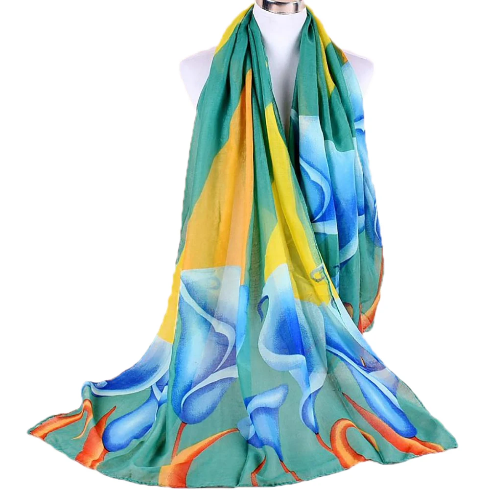 Модный Цветной Цветок каллы вуаль для женщин Мягкий дышащий длинный шарф шейный