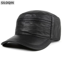 siloqin adjustable size mens flat cap genuine leather hat sheepskin leather baseball caps for men autumn new style brands hats