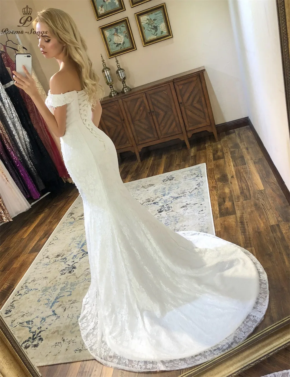 PoemsSongs new style boat neck beautiful lace wedding dress 2021 Vestido de noiva Wedding gowns Mermaid |
