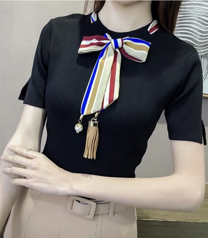 Pantalon лук жемчуг футболка для женщин тонкий вязаный короткий рукав Бисероплетение Ленты повседневные топы лето леди эластичный хлопок Топ тройник