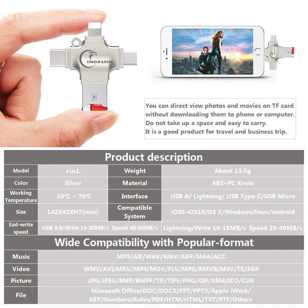 Металлический кардридер Ingelon для SD карт памяти microsd OTG iphone ios tipo c Android телефона ПК