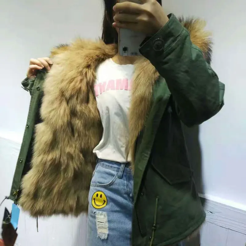 

Single apricot Color Fox Fur Winter Unisex Jacket Natural Color Raccoon fur collar Parka