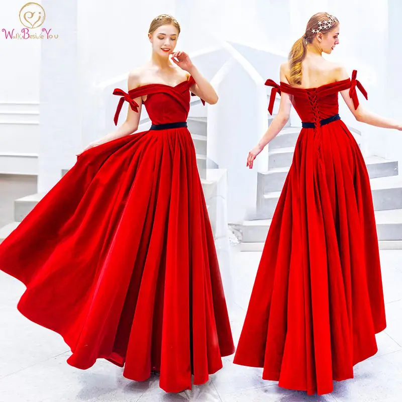 Красный Красные вечерние платья Abendkleider vestidos de cerimonia длинные с открытыми плечами велюр лук линии простой Формальные Пром наряды для танцев - Цвет: Красный