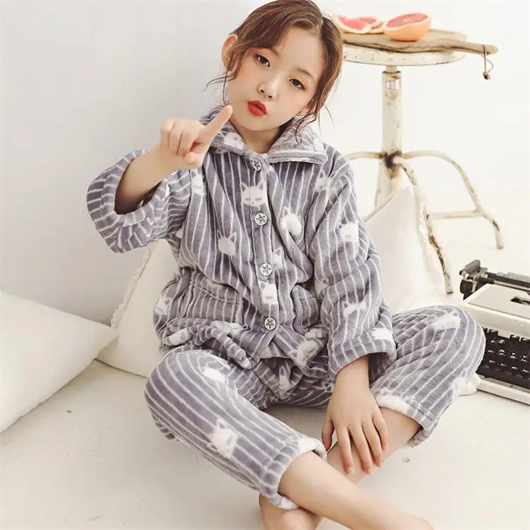 Striped gray Зимний костюм Детская Фланелевая пижама утепленный комплект из двух предметов для девочек - Цвет: Striped gray