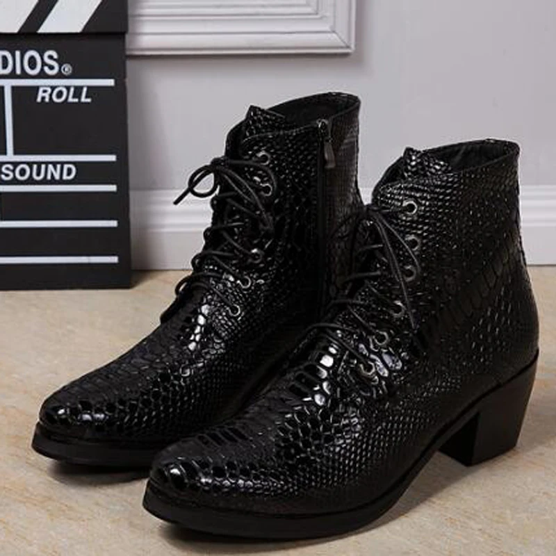 Мужские сапоги на высоком каблуке модные змеиной Молния Мужская обувь высокий